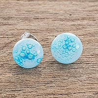 Art glass stud earrings, 'Bubble Clouds in Light Blue' - White Art Glass Stud Earrings with Light Blue Bubbles