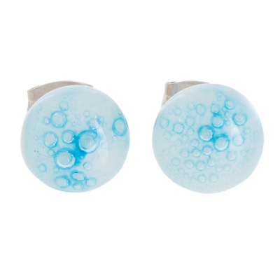 White Art Glass Stud Earrings with Light Blue Bubbles