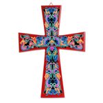 Decoupage wood cross, 'Traditional Colors in Red' - Decoupage Wood Wall Cross with Red Accents