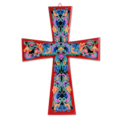 Decoupage Wood Wall Cross with Red Accents
