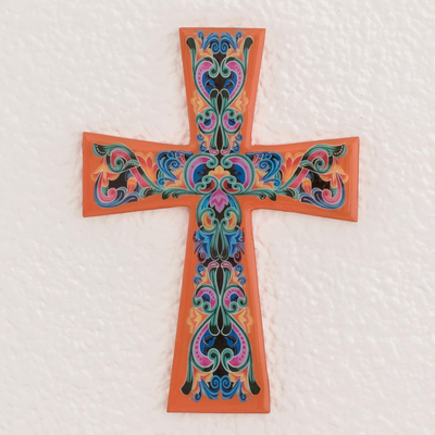 Cruz de madera de decoupage, 'Colores tradicionales en naranja' - Cruz de madera de decoupage con detalles en naranja