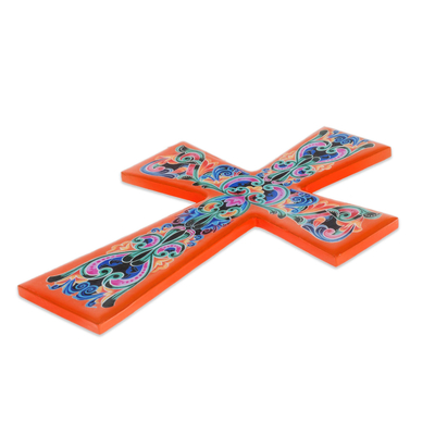 Decoupage-Holzkreuz, 'Traditionelle Farben in Orange - Decoupage Holzkreuz mit orangefarbenen Akzenten