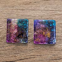 Recycled glass button earrings, 'Cosmic Constellation' - Colorful Square Recycled Glass Button Earrings