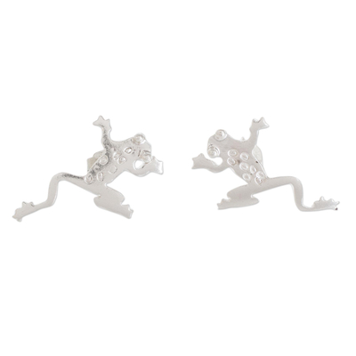 Sterling silver button earrings, 'Lithe Beauties' - Modern Sterling Silver Frog Button Earrings from Costa Rica