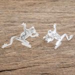 Sterling silver button earrings, 'Lithe Beauties' - Modern Sterling Silver Frog Button Earrings from Costa Rica