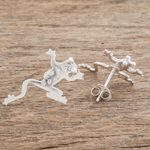 Sterling silver button earrings, 'Lithe Beauties' - Modern Sterling Silver Frog Button Earrings from Costa Rica