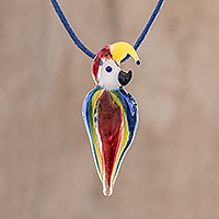 Handblown glass pendant necklace, 'Beautiful Macaw'
