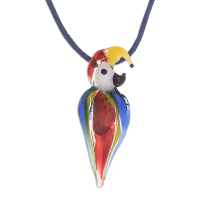 Handblown glass pendant necklace, 'Beautiful Macaw' - Handblown Glass Macaw Pendant Necklace from Costa Rica