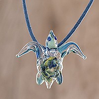 Art glass pendant necklace, 'In the Lake' - Handblown Art Glass Turtle Pendant Necklace from Costa Rica