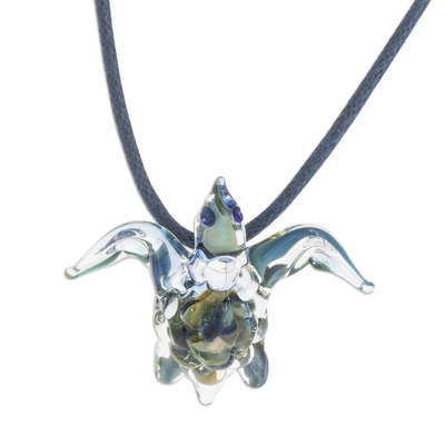 Art glass pendant necklace, 'In the Lake' - Handblown Art Glass Turtle Pendant Necklace from Costa Rica
