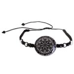 Glass beaded macrame pendant bracelet, 'Elegant Intricacy' - Black and White Glass Beaded Macrame Pendant Bracelet