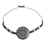 Glass beaded macrame pendant bracelet, 'Elegant Intricacy' - Black and White Glass Beaded Macrame Pendant Bracelet