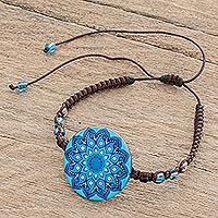 Glass beaded macrame pendant bracelet, 'Blue Rivers' - Glass Beaded Macrame Pendant Bracelet in Blue