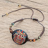 Glass beaded macrame pendant bracelet, 'colourful Owl' - Owl-Themed Glass Beaded Macrame Pendant Bracelet