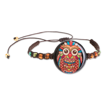 Owl-Themed Glass Beaded Macrame Pendant Bracelet