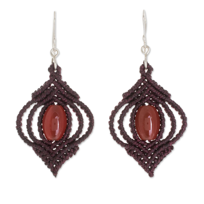 Red-Orange Agate with Hand-Knotted Cord Dangle Earrings