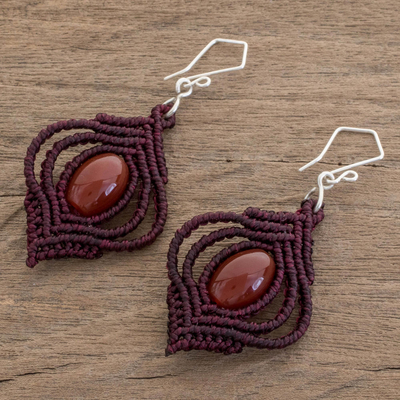 Agate dangle earrings, 'Red-Orange Eyes' - Red-Orange Agate with Hand-Knotted Cord Dangle Earrings