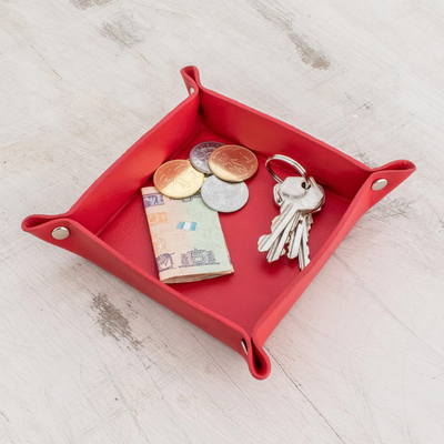 Leather catchall, 'Home Style in Crimson' - Handmade Leather Catchall in Crimson from El Salvador