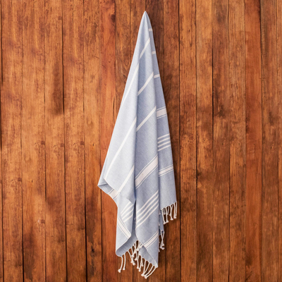 Cotton beach towel, 'Fresh Relaxation in Sky Blue' - Striped Cotton Beach Towel in Sky Blue from Guatemala