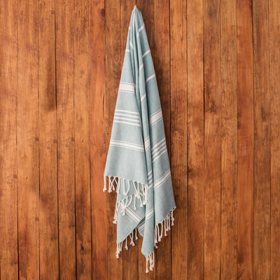 Cotton beach towel, 'Sweet Relaxation in Teal' - Striped Cotton Beach Towel in Teal from Guatemala