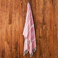 Cotton beach towel, 'Sweet Relaxation in Crimson' - Striped Cotton Beach Towel in Crimson from Guatemala