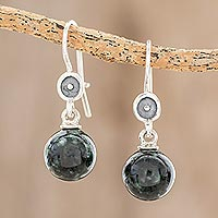 Jade dangle earrings, 'Magic Orbs' - Dark Green Jade Dangle Earrings from Guatemala