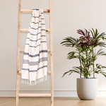 Cotton beach towel, 'Sweet Relaxation in Snow White' - Snow White Cotton Beach Towel with Indigo Stripes