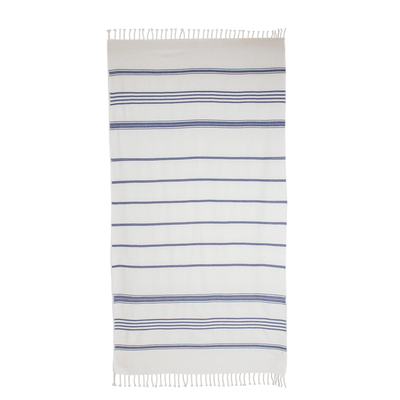 Cotton beach towel, 'Sweet Relaxation in Snow White' - Snow White Cotton Beach Towel with Indigo Stripes