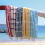 Cotton beach towel, 'Sweet Relaxation in Snow White' - Snow White Cotton Beach Towel with Indigo Stripes