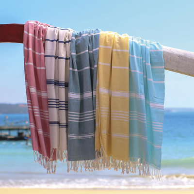 Strandtuch aus Baumwolle - Strandtuch aus schneeweißer Baumwolle mit Indigostreifen