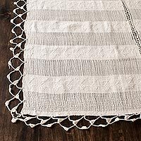 Cotton table runner, 'Tactic Patterns' - Handwoven Eggshell Cotton Table Runner with Bird Patterns