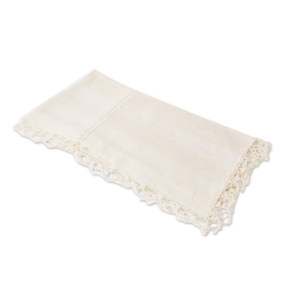 Cotton table runner, 'Tactic Patterns' - Handwoven Eggshell Cotton Table Runner with Bird Patterns