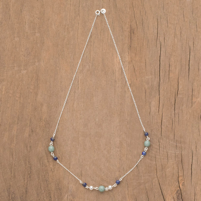 Jade and lapis lazuli pendant necklace, 'Subtle Combination' - Round Jade and Lapis Lazuli Pendant Necklace from Guatemala