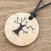 Coconut shell and lava stone pendant necklace, 'Bare Tree' - Coconut Shell and Lava Stone Tree Pendant Necklace