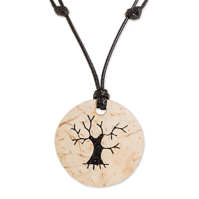 Coconut Shell and Lava Stone Tree Pendant Necklace