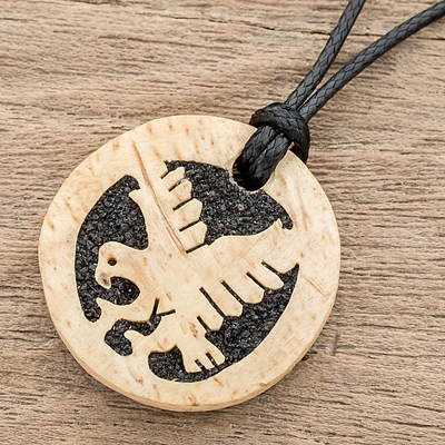 Coconut shell and lava stone pendant necklace, 'Wisdom and Valiance' - Coconut Shell and Lava Stone Eagle Pendant Necklace