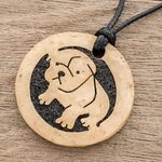 Coconut shell and lava stone pendant necklace, 'Bulldog' - Coconut Shell and Lava Stone Bulldog Pendant Necklace