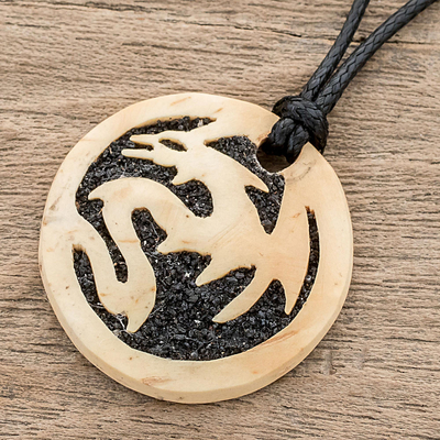 Coconut shell and lava stone pendant necklace, 'Mighty Dragon' - Coconut Shell and Lava Stone Dragon Pendant Necklace