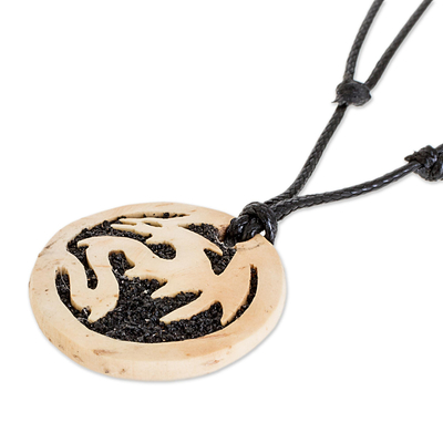 Coconut shell and lava stone pendant necklace, 'Mighty Dragon' - Coconut Shell and Lava Stone Dragon Pendant Necklace