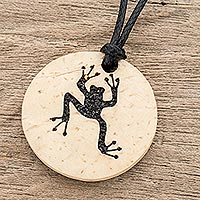 Coconut shell and lava stone pendant necklace, 'Friend of the Pond' - Coconut Shell and Lava Stone Frog Pendant Necklace