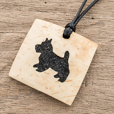Coconut shell and lava stone pendant necklace, 'Schnauzer Square' - Coconut Shell and Lava Stone Schnauzer Pendant Necklace