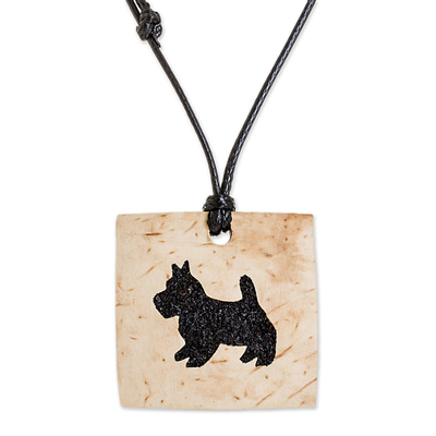 Coconut shell and lava stone pendant necklace, 'Schnauzer Square' - Coconut Shell and Lava Stone Schnauzer Pendant Necklace