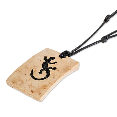 Coconut shell and lava stone pendant necklace, 'Gecko Rectangle' - Coconut Shell and Lava Stone Gecko Pendant Necklace