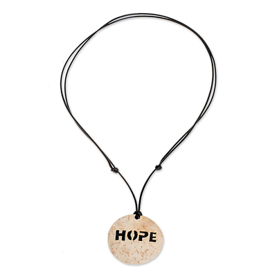 Coconut shell and lava stone pendant necklace, 'Have Hope' - Hope-Themed Coconut Shell and Lava Stone Pendant Necklace