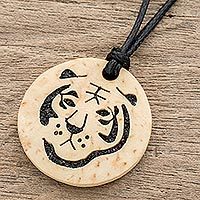 Coconut shell and lava stone pendant necklace, Tiger Face