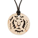 Coconut shell and lava stone pendant necklace, 'Lion Face' - Coconut Shell and Lava Stone Lion Pendant Necklace