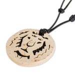 Coconut shell and lava stone pendant necklace, 'Lion Face' - Coconut Shell and Lava Stone Lion Pendant Necklace