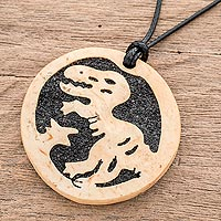 Coconut shell and lava stone pendant necklace, 'Allosaurus' - Coconut Shell and Lava Stone Allosaurus Pendant Necklace