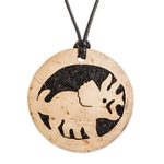 Coconut shell and lava stone pendant necklace, 'Triceratops' - Coconut Shell and Lava Stone Triceratops Pendant Necklace