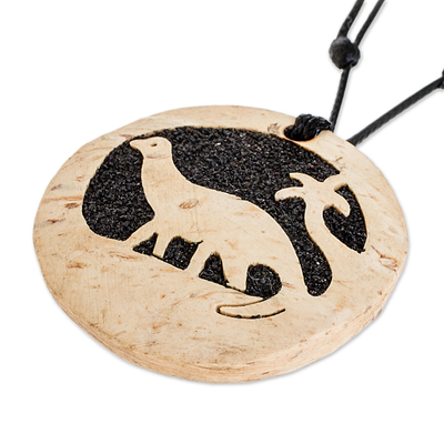 Coconut shell and lava stone pendant necklace, 'Diplodocus' - Coconut Shell and Lava Stone Diplodocus Pendant Necklace